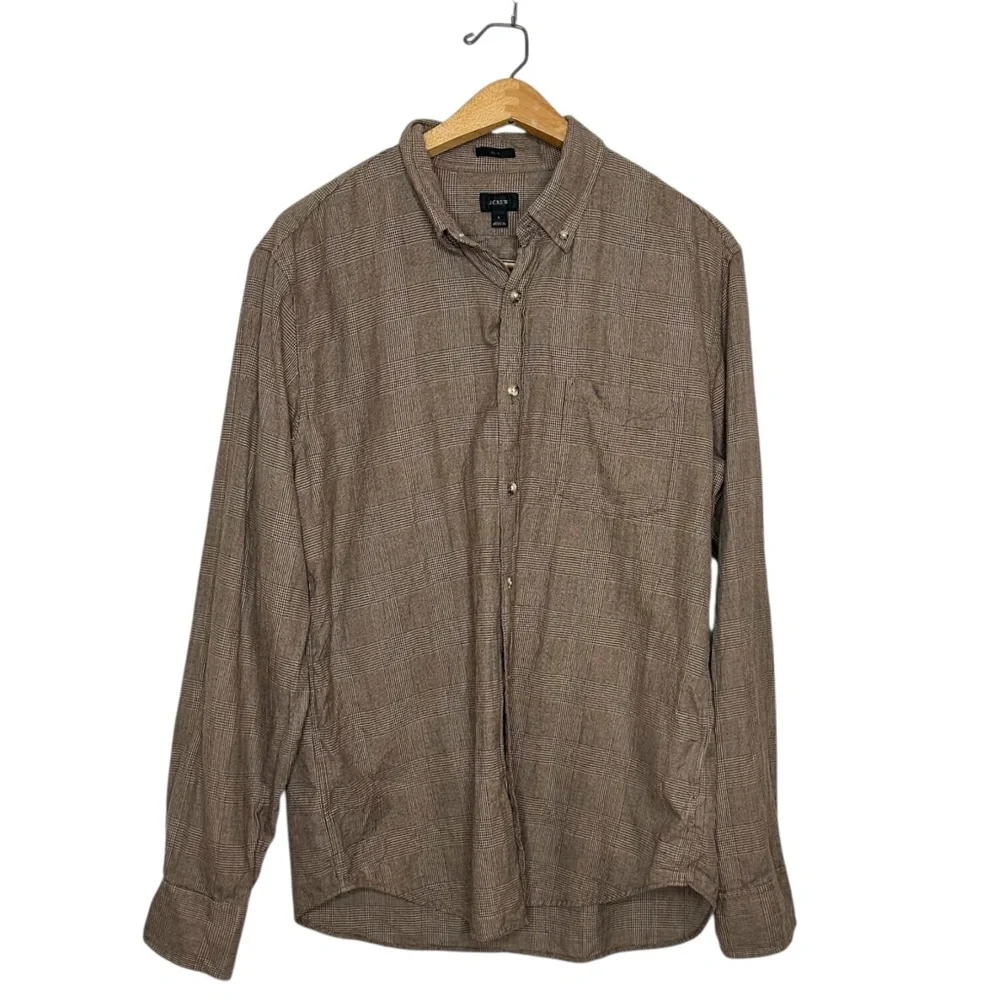 J. Crew Mens Classic Long Sleeve Button Front Shirt Neutral Brown Plaid Cotton L